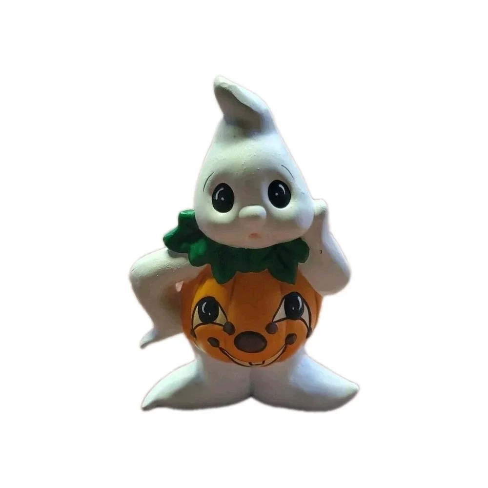 Vintage Ceramic Halloween Ghost Wearing Pumpkin Jack O Lantern Figurine Set 2